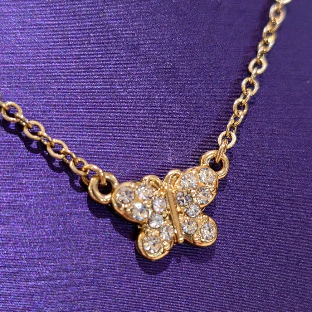 Gold Butterfly Pave Rhinestone Small Gold Chain Pendant Necklace Dainty Small - Picture 4 of 10